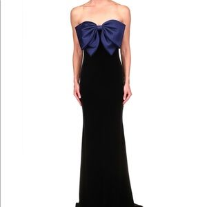 Badgley Mischka Navy and Black Velvet Bow Gown